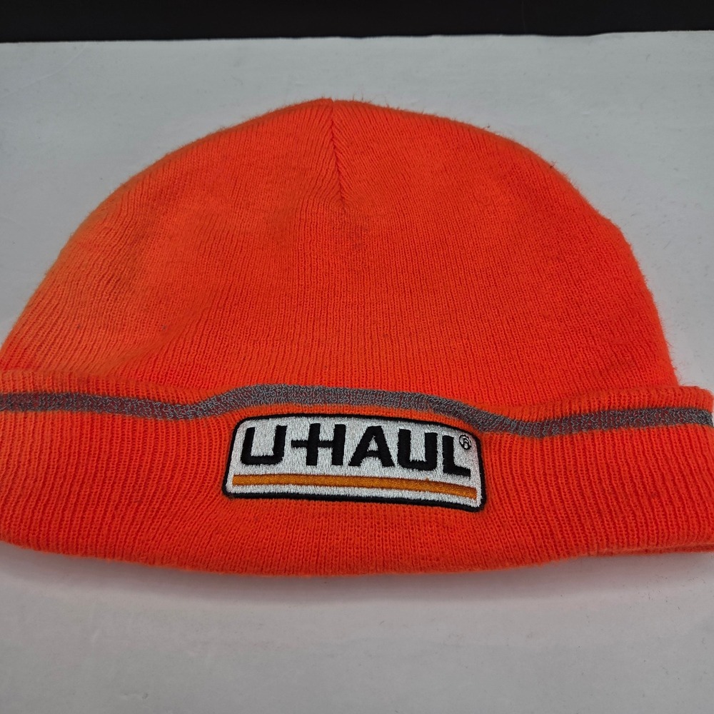 U-Haul Beanie Hat Reflective Stripe Patch Logo OS Orange Knit Winter Workwear